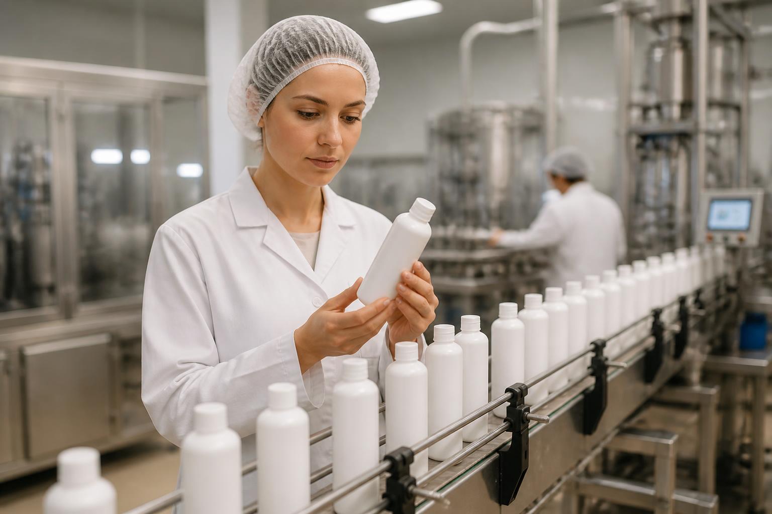 Technician inspecting a bottle on a modern cGMP-compliant manufacturing line