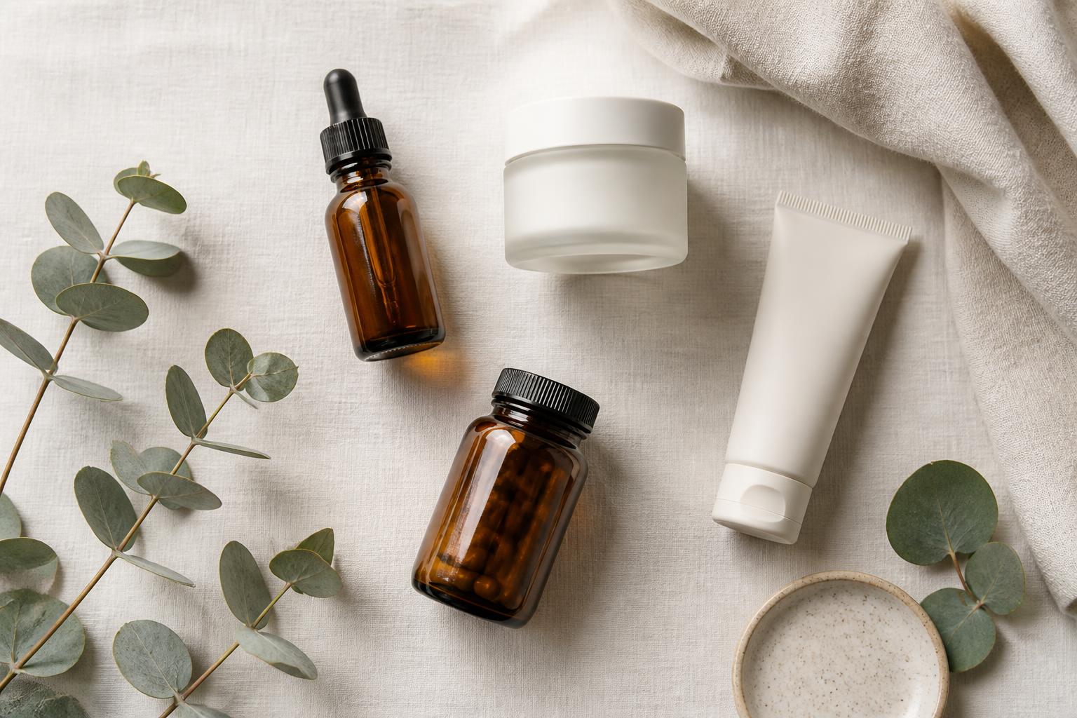Premium skincare, supplement, and personal care products styled on natural linen